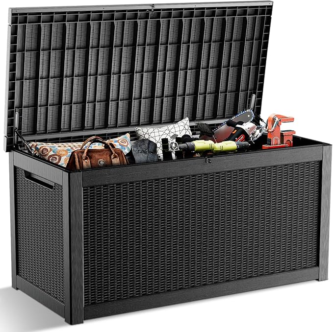 268 Gallon Outdoor Deck Box,Storage Lockable Waterproof Patio Furniture,Garden Tools,Cushions,Pool Accessories Outside Storage Resin Box(Black)-CasaMuseHome