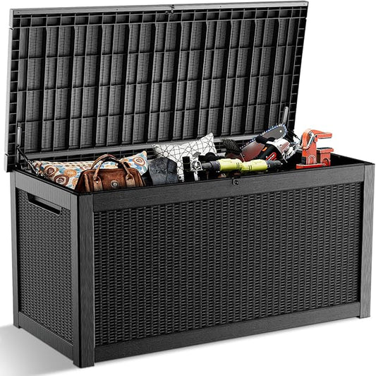 268 Gallon Outdoor Deck Box,Storage Lockable Waterproof Patio Furniture,Garden Tools,Cushions,Pool Accessories Outside Storage Resin Box(Black)-CasaMuseHome