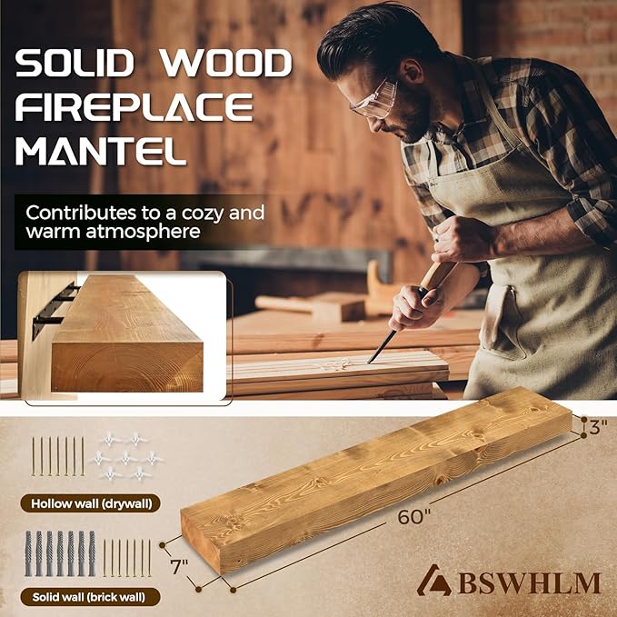 60x7x3 Fireplace Mantel - Solid Rustic Wood - Wall Mounted Floating Shelf with Invisible Heavy Duty Steel Bracket (Natural Wood)-CasaMuseHome