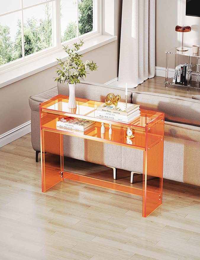 Acrylic Console Table, Entryway Table with Storage Shelves (1, 39.4 * 31.5 * 11.7 inches) (Orange)-CasaMuseHome