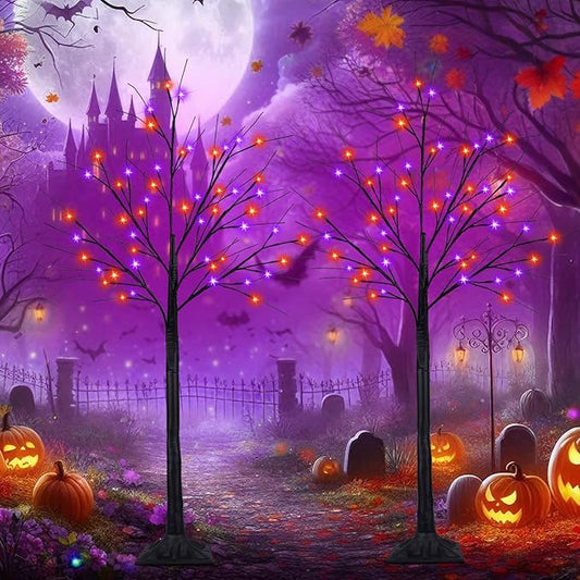 2Pack 4FT 100LED Black Halloween Tree Lights, Timer Function Halloween Trees with Purple and Orange Lights, Spooky Trees Light for Indoor Outdoor Halloween Decorations-CasaMuseHome