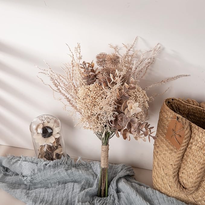 2 Pack Boho Artificial Flowers Plants Bouquet Decoration 13.8inch, Fake Plastic Brown Eucalyptus and Beige Grasses, Faux Floral Arrangement for Wedding Centerpieces Party Home Fall Decor-CasaMuseHome