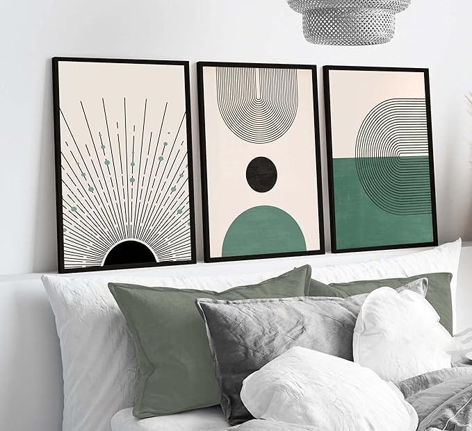 3 Pcs Sage Green Boho Canvas Wall Art Modern Abstract Minimalist Neutral Bohemian Sun Geometric Line Painting Picture Wall Decor Poster Print Artwork for Living Room Bedroom Home Decoration Unframed-CasaMuseHome