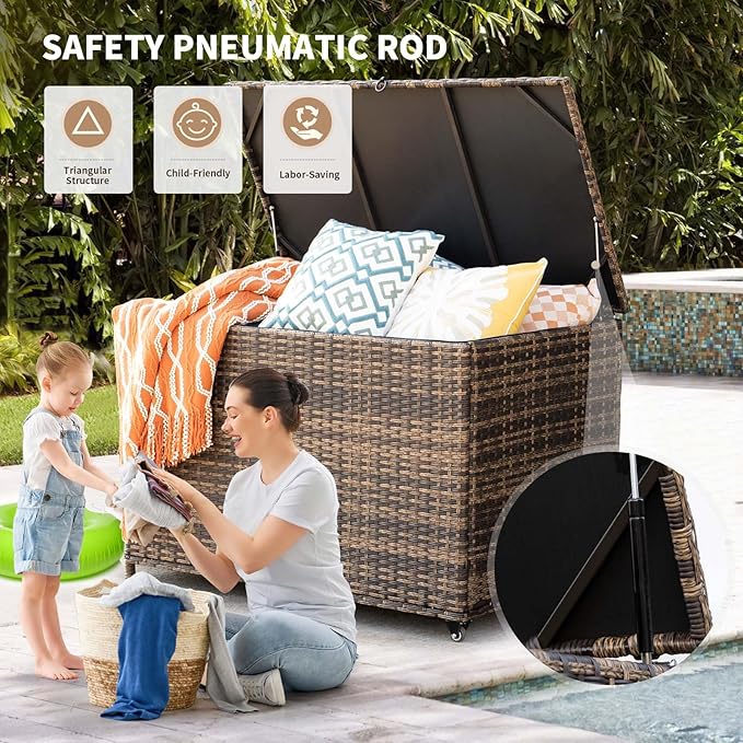 178 Gallon Outdoor Storage Box, Handle Large Portable Wicker Rattan Deck Box for Patio Furniture Cushions, Patio Deck Box with 2 WheelsThrow Pillows, Garden Tools and Pool Floats (Brown)-CasaMuseHome