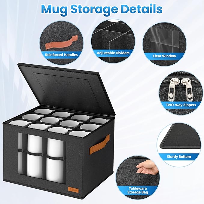 2-Layer Coffee Mug Storage Box with Dividers, Coffee Cup Storage Organizer with Zipper Lid and Handles, Stackable Mug and Cup organizer Service for 24 Coffee Mugs, Cups and Glasses, Dark Grey-CasaMuseHome