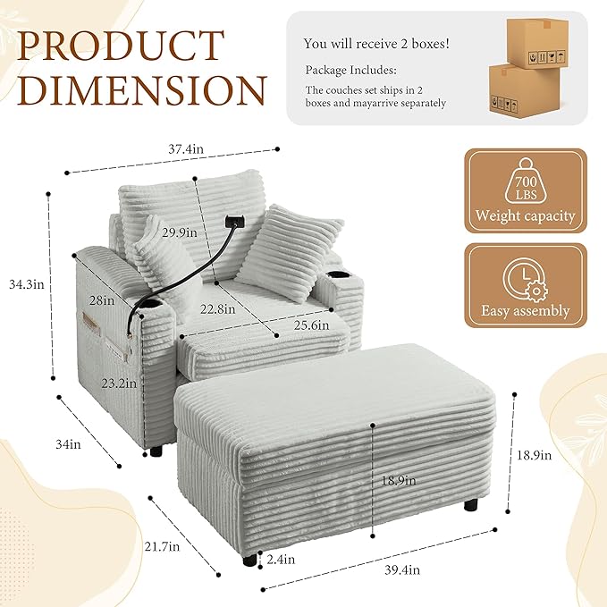 Accent Chair with Storage Ottoman Upholstered Living Room Chairs for Reading Chair with Chaise Lounge Chairs Indoor, Comfortable Armchair for Bedroom-CasaMuseHome