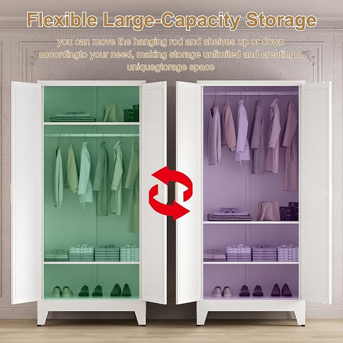 71'' Farmhouse Metal Wardrobe Cabinet with Hanging Rod, 2 Barn Door Wardrobe Closet with 2 Adjustable Shelves,for Dining Room,Bedroom,Living Room, Cloak Room,Office (White)-CasaMuseHome