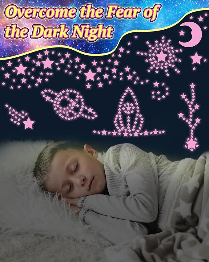 201 Pcs Glow in The Dark Stars Stickers for Ceiling, Pink Toddler Wall Room Decor Gifts, Luminous 3D Glowing Stars Stocking Stuffers for Kids Boys Girls-CasaMuseHome