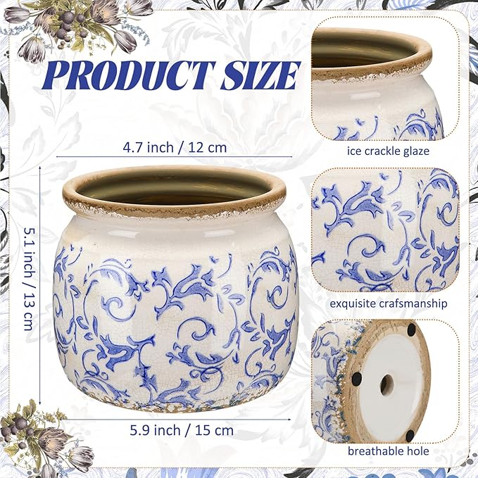 1 Pcs Vintage Planter Large Ceramic Plants Pot Blue Chinoiserie Crack Cottage Scroll Vase Flower Vase Pot Indoor Plants Home Kitchen Decor Farmhouse Antique Decorative Gift-CasaMuseHome