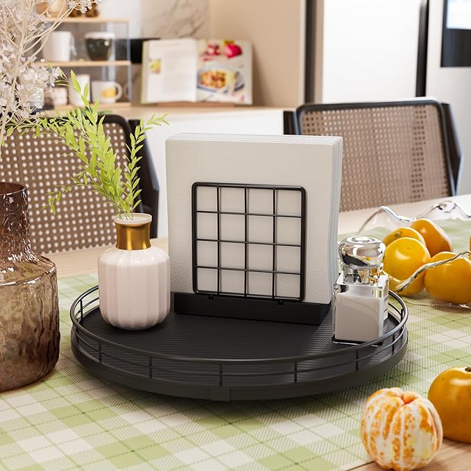 13" Lazy Susan Turntable Organizer for Table Top, Round Wooden Lazy Susan for Cabinet Kitchen Decor Centerpieces Coffee Table, Storage Condiments Spices, Bathroom Vanity Tray for Soap, Black-CasaMuseHome