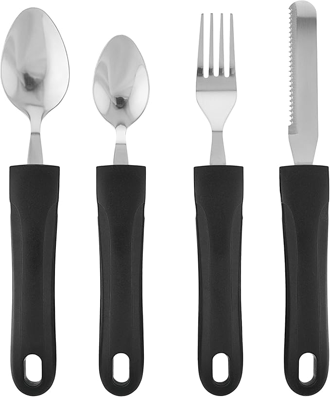 Adaptive Eating Utensils by Celley for Elderly, Handicapped | 4pc Easy Grip Silverware Stainless Steel Knife, Fork, 2 Spoons – (Black)-CasaMuseHome