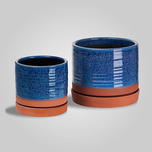 6 + 8 Inch Plant Pots, Ceramic Planter Pot with Drainage Hole & Saucer, Indoor/Outdoor Cylinder Round Planter Pot, Aqua Blue & Terracotta-CasaMuseHome