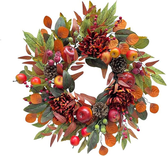 22 Inch Fall Chrysanthemum Wreath Harvest Floral Wreath with Apples Pinecones Berries and Eucalyptus Maple Leaves for Fall Thanksgiving Halloween Mantel Table Outdoor Front Door Wall Window-CasaMuseHome