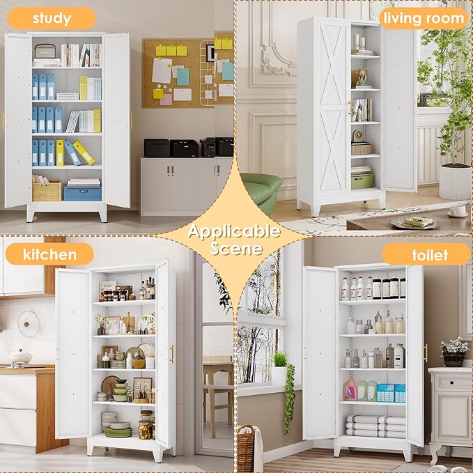 71" H Metal Kitchen Pantry Storage Cabinet, Freestanding Cupboard with 2 Doors and 4 Adjustable Shelves, Standing Storage for Kitchen, Bathroom, Garage, Dinning Room or Utility Room（White）-CasaMuseHome