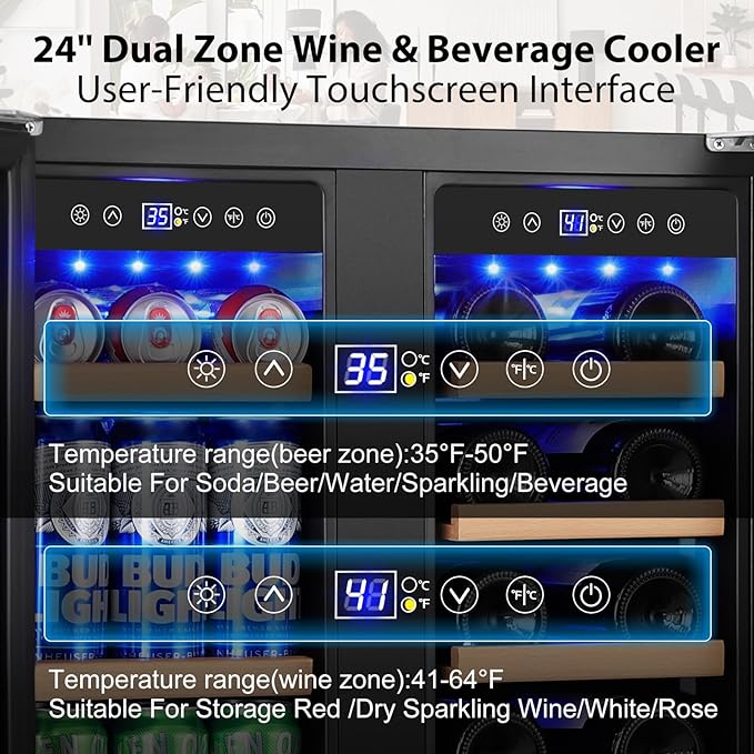 24 Inch Dual Zone Wine and Beverage Refrigerator, Built-in or Freestanding Cooler with French Doors, Drink Fridge with Upgraded Compressor for Beer, Wine, and Soda-CasaMuseHome