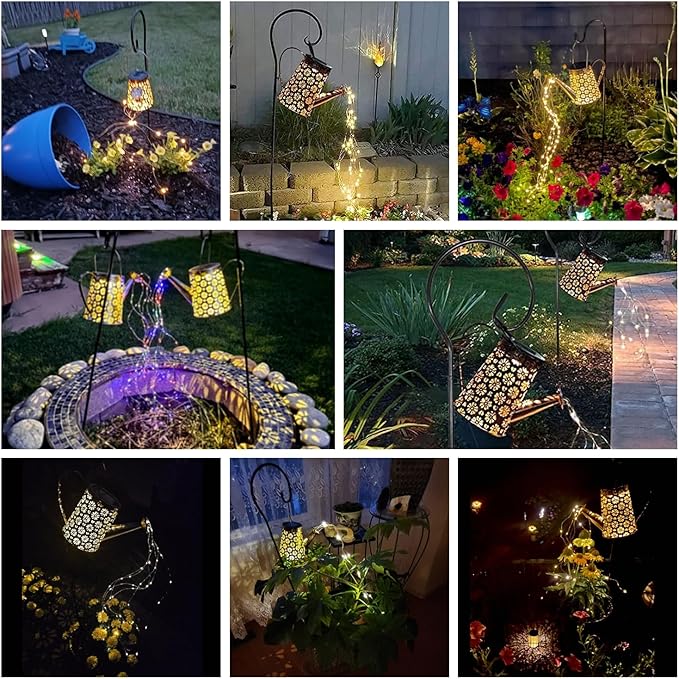 2 Pack Solar Watering Can Lights with Shepherd Hook, 8 Multi-Color Changing Modes, IP65 Waterproof, 60pcs String Lights for Outdoor Garden Pathway Lawn Patio Deck Walkway Courtyard-CasaMuseHome