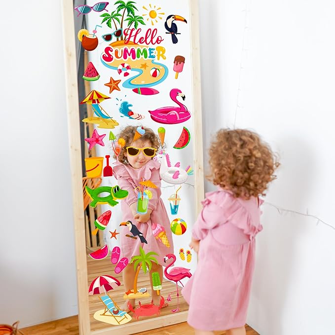 9 Sheets Summer Window Clings, Double Sided Summer Window Clings for Glass Windows, Hello Beach Decals, Sun Watermelon Pattern Stickers for Home Office Accessories Decorations-CasaMuseHome