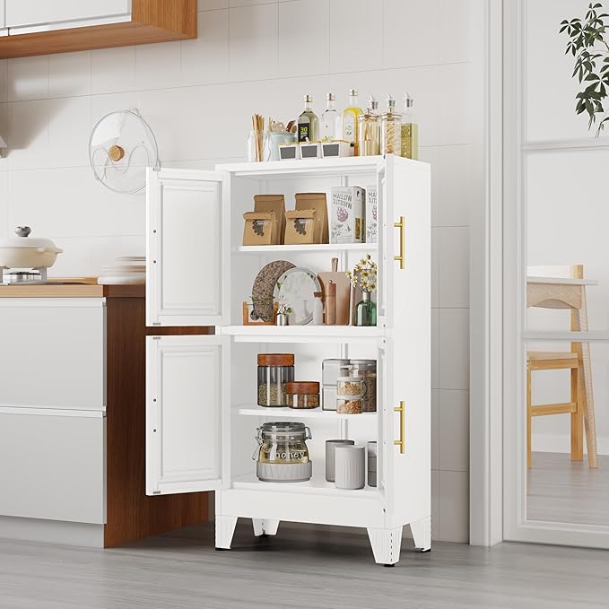 47.25" Metal Pantry Cabinet, Storage Cabinets with 4 Door and 2 Adjustable Shelves, White Bathroom Cabinet, Freestanding Cupboard for Kitchen Dining Living Room Bathroom-CasaMuseHome