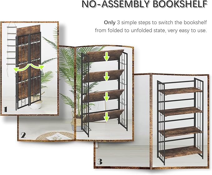 4NM No Assembly 4 Tiers Folding Bookshelf, 47.2" H Foldable Storage Shelves Vintage Bookcase Standing Racks Study Organizer Home Office - Rustic Brown Black-CasaMuseHome