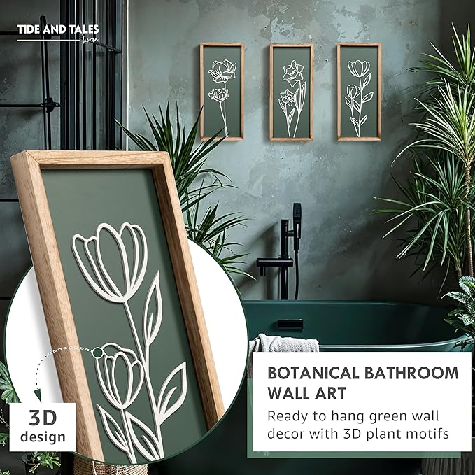 3D Floral Green Wall Art (Set of 3) Lightweight, Wooden Ready-to-Hang Boho Framed Wall Art for Bathroom, Master Bedroom, Living Room or Office - Premium Sage Green Farmhouse Decor - Gift-Boxed-CasaMuseHome