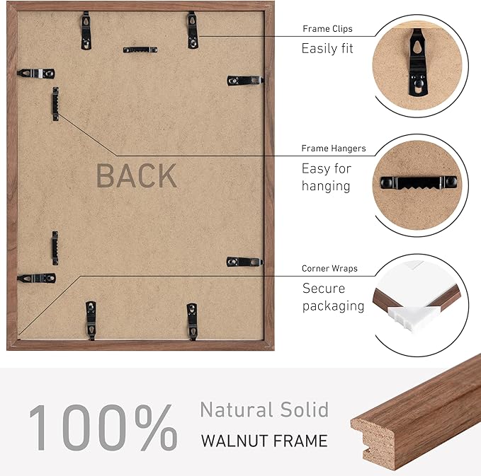 12x16 Picture Frame Natural Solid Walnut Photo Frames with 8.5x11 Removable Mat Wall Hanging Large Handcrafted Frame with HD Plexiglass Wall and Tabletop Display Large Poster Frame-CasaMuseHome