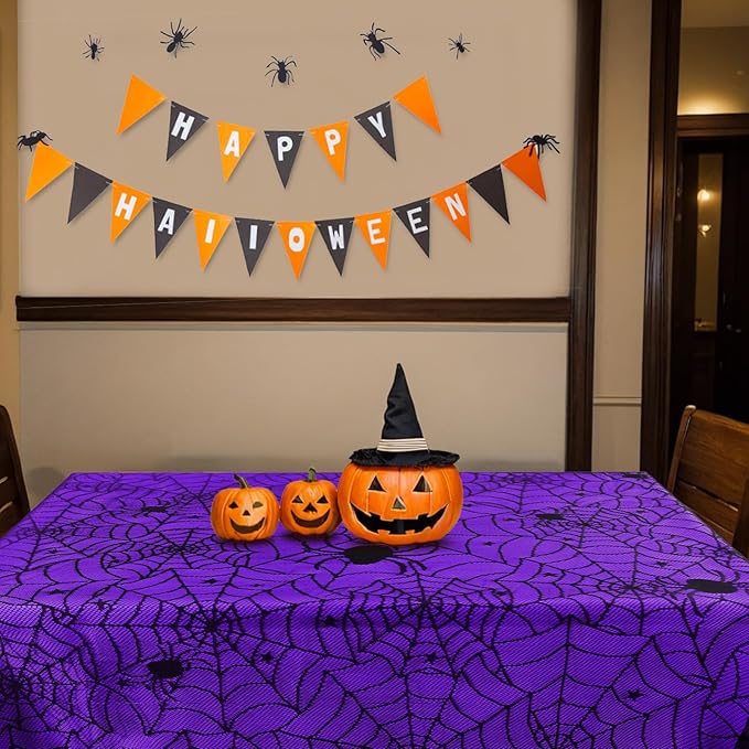 2Pcs Halloween Tablecloths, Black Lace & Purple Lined Rectangular Table Cloth, Spider Web Table Cover for Scary Halloween Decorations Indoor, 54 x 72 Inch-CasaMuseHome