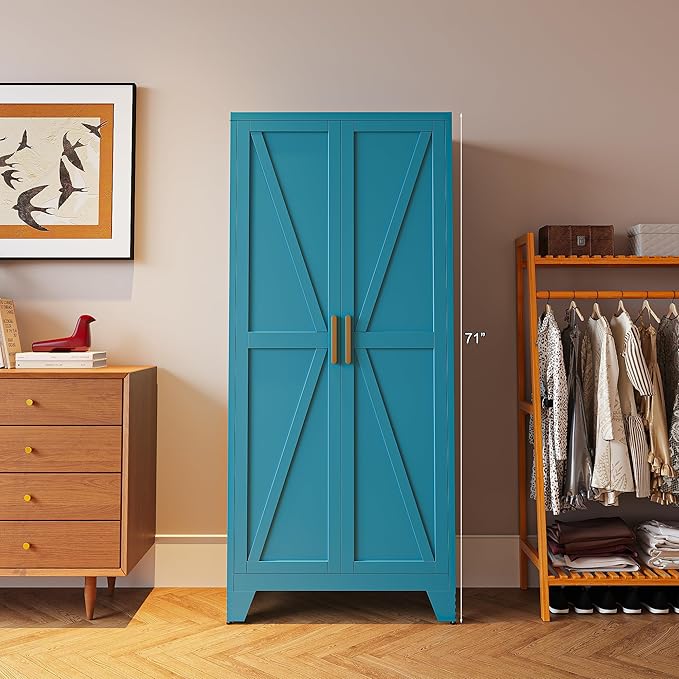 71'' Farmhouse Metal Storage Cabinet with Barn Doors,Steel File Cabinet for Home Office,Kitchen Pantry 4 Adjustable Shelves,Freestanding Cupboard for Kitchen,Home Office (Peacock Blue)-CasaMuseHome