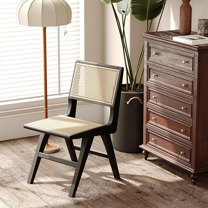 Accent Chair Dining Chairs Set of 2, Solid Wood Frame Boho Rattan Chair, Mid Century Modern Accent Chairs for Living Room Bedroom Dining Room Kitchen(Black)-CasaMuseHome