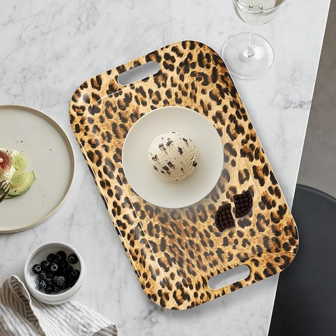 Serving Trays with Handles, 14.5 x 9.8 inch Rectangular Plastic Tray for Restaurant, Kitchen, Brown Leopard-CasaMuseHome