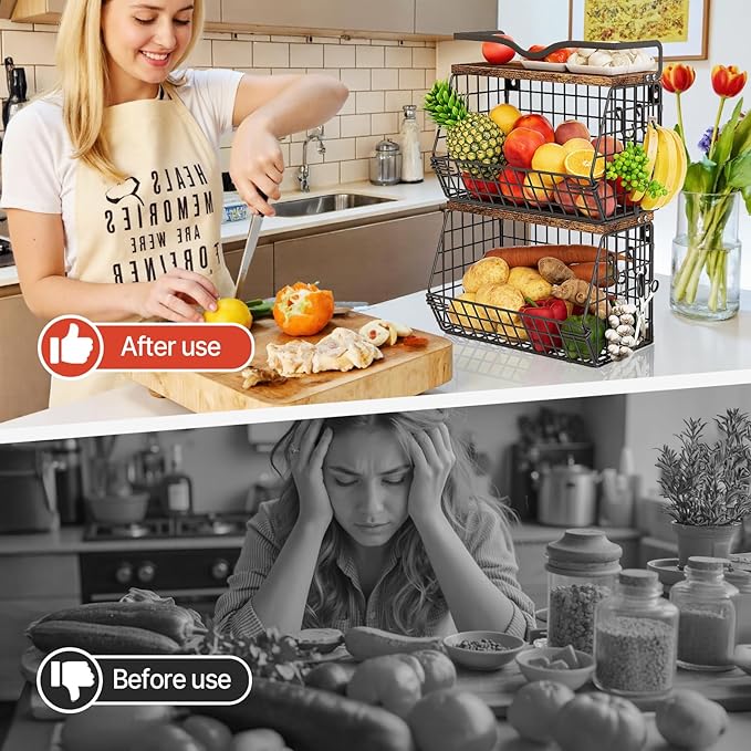 2 Pack Fruit Bowl Hanging Fruit Basket for Kitchen Counter ,Stackable Wire Baskets for Onion Storage and Potato Storage with Wood Lid,Vegetable Fruit Basket with Banana Hooks-CasaMuseHome