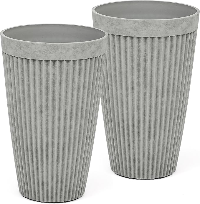 20" Resin Tall Planters for Outdoor Plants, Set of 2 Vintage Gray Large Flower Pots with Handmade Fluted Texture, Heavy-Duty and Weather-Resistant for Year Round Indoor Outdoor use-CasaMuseHome
