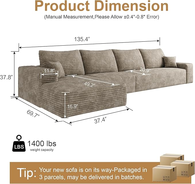 136" Sectional Couches for Living Room Modern Modular Sofa with L-Shape Couchs Upholstered Boneless Couch Deep Seat Sectional Couch with Chaise (Camel, Left Facing Chaise+3Seaters)-CasaMuseHome