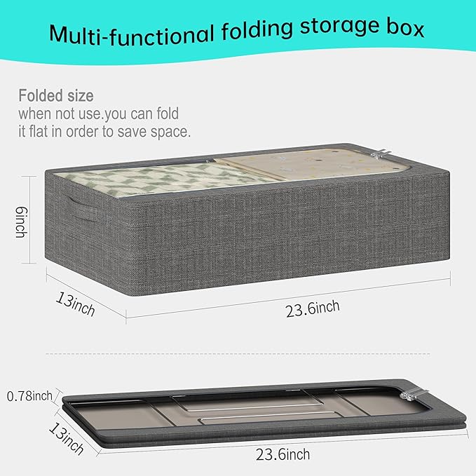 3PCS Under Bed Storage Bins with Metal Frame, Linen Fabric Frame Storage Box Clothes Organizer Bins, Underbed Container with Clear Window (Dark Grey, 15.7 x 13 x 6IN)-CasaMuseHome
