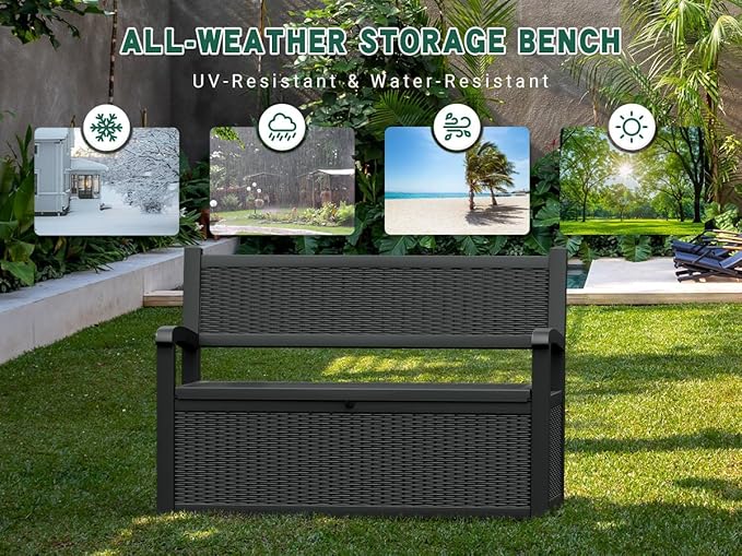 70 Gallon Outdoor Storage Box, Resin Patio Furniture with Armrest, Lockable Deck Box with Waterproof and UV Resistant for Patio Cushions, Garden Tools and Pool Supplies, Black-CasaMuseHome