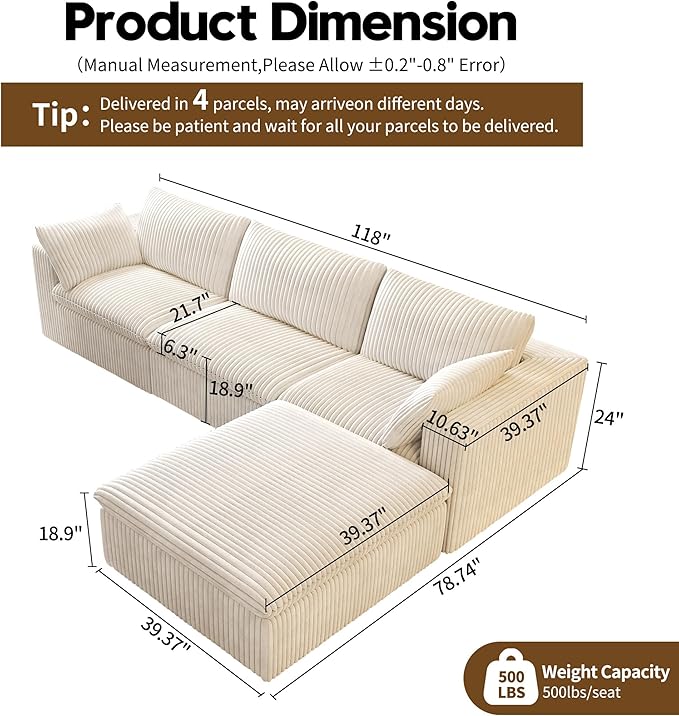 118" L Shaped Modern Sofa Modular Sectional Cloud Couch with Ottoman,Deep Seat Upholstered Couches with Plush Corduroy Fabric for Living Room Furniture,Bedroom and Apartment,No Assembly Required,White-CasaMuseHome