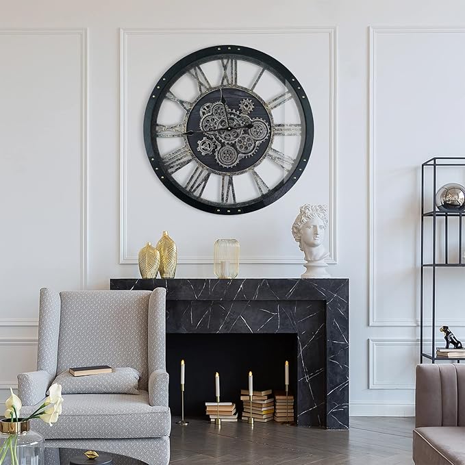 30 Inch Industrial Steampunk Wall Clock, Oversized Solid Wood Frame, Battery Operated, Large Wall Clock with Real Rotating Gears, Black-CasaMuseHome