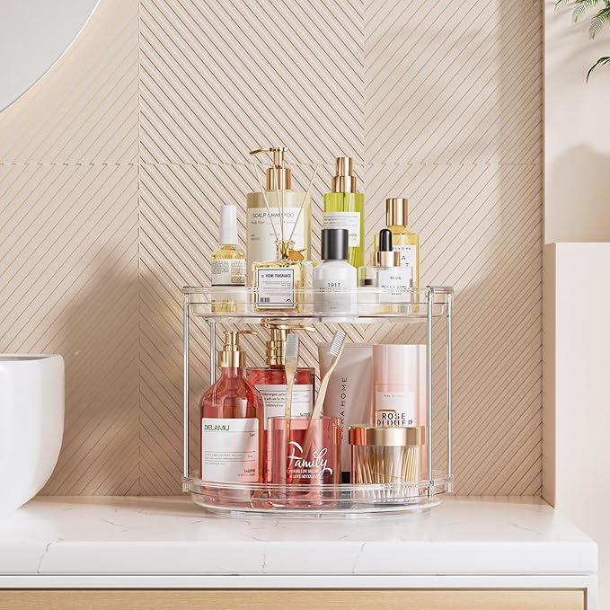 2 Tier Lazy Susan Organizer, 9.25'' Lazy Susan Turntable for Cabinet, Stackable Turntable Organizer Rotating Spice Rack Organization for Kitchen Countertop, Pantry, Bathroom, Clear-CasaMuseHome