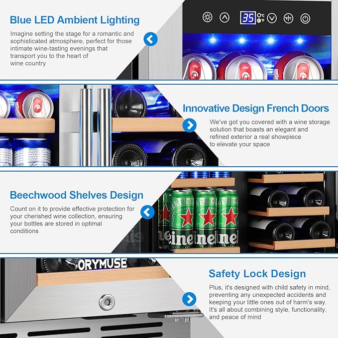 24 Inch Dual Zone Wine and Beverage Refrigerator, Built-in or Freestanding Cooler with French Doors, Drink Fridge with Upgraded Compressor for Beer, Wine, and Soda-CasaMuseHome