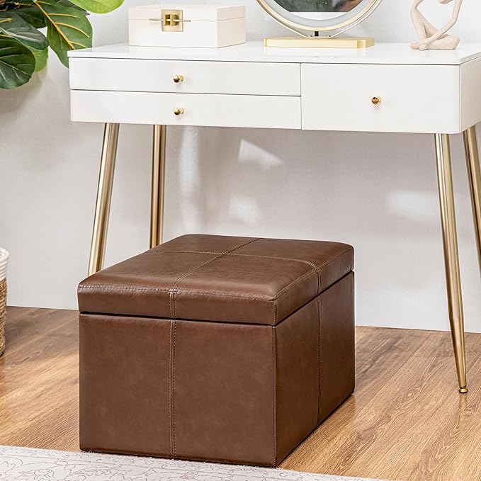 Adeco Storage Ottoman Foot Rest Stool, Leather Ottoman Footstool with Hinged Lid, 17" Small Foot Stool Bench for Living Room, Bedroom-CasaMuseHome