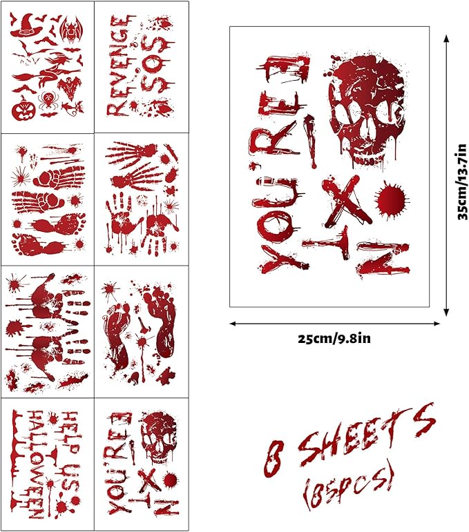8 Sheets Halloween Window Clings, Bloody Handprint Footprint Window Stickers Scary Halloween Decorations Self Adhesive Wall Decal for Party Bathroom Car Door Zombi Restroom Sign Decals-85 Pcs-CasaMuseHome