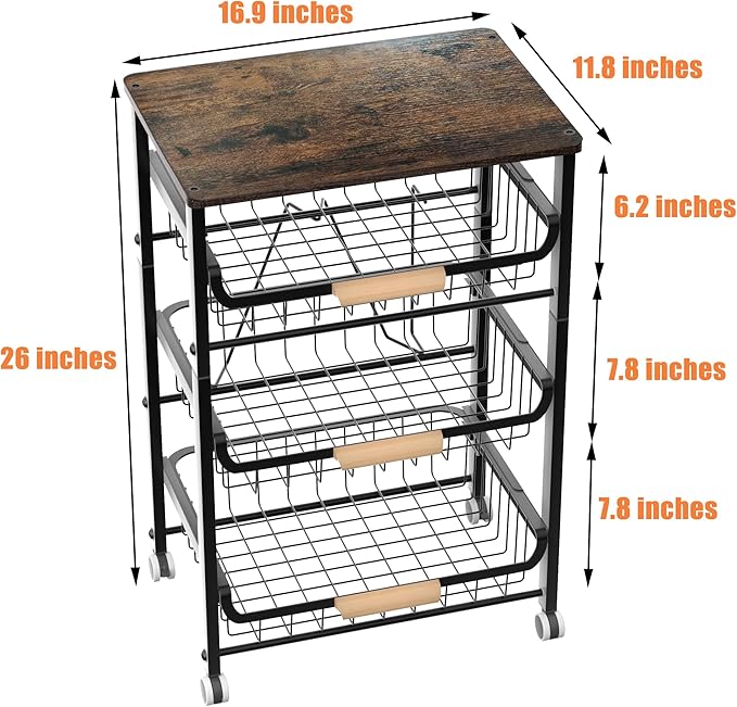 4-Layer Fruit Basket Kitchen Food Organizer and Rack, Stackable Storage Cart with Desktop, Pull-Out Hollow Metal Basket, Sliding Out Storage (Black 4-Layer Rack)-CasaMuseHome