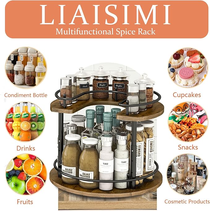 2 Tier Lazy Susan Organizer,2-Tier Spinning Spice Rack with Stable Carousel Base & 4 Height Settings for Cupboard Kitchen Countertop Dining Table Cupboard (Round)-CasaMuseHome