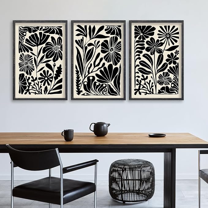 Abstract Floral Botanical Wall Art 16x24 Inch 3 Piece Black Vintage Boho Plant Flower Minimalist Wood Frame Sign Home Living Room Family Office Mid Century Print Wall Hanging Decor (Black)-CasaMuseHome