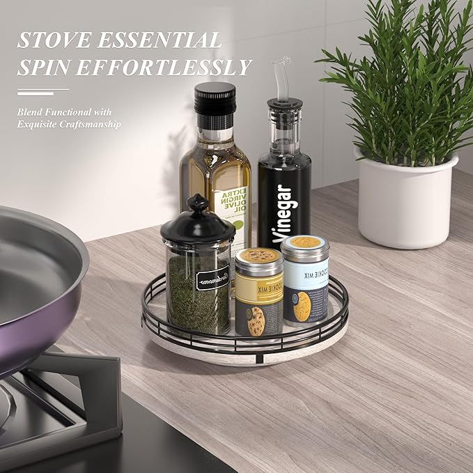 9" Wooden Lazy Susan Organizer for Cabinet, Turntable Round Decorative Tray for Kitchen Sink, Countertop Organizer, Bathroom Counter Organizer for Skincare Makeup, Rustic White-CasaMuseHome