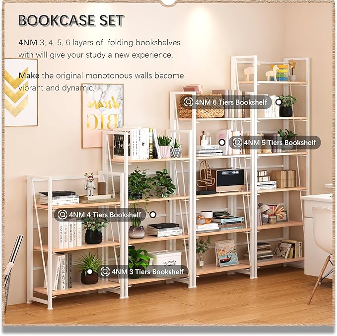 4NM No Assembly Foldable Bookshelf, 6-Shelf Collapsible Bookcase Storage for Small Spaces, 74" H, Natural White-CasaMuseHome