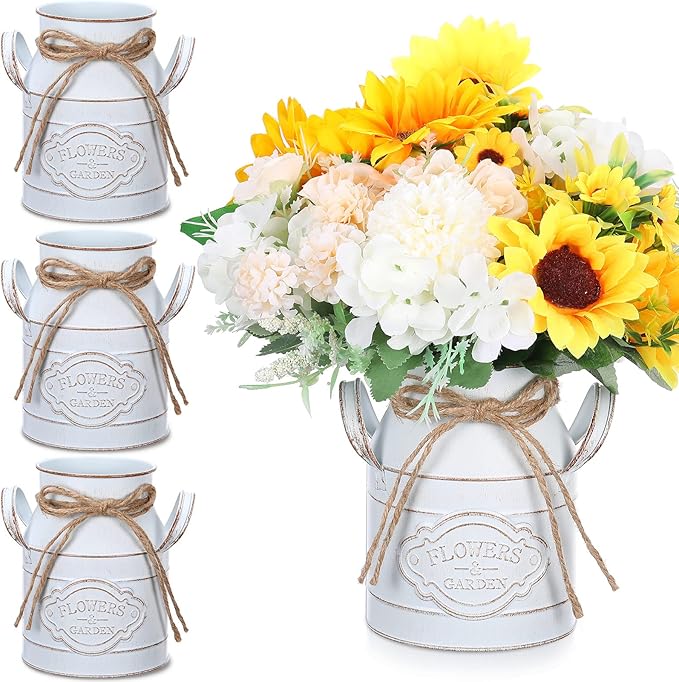6 Inch Farmhouse Vase Decor Milk Can Vintage Flower Jug Galvanized Metal Vase with Handle Rustic Flower Buckets for Thanksgiving Christmas Table Centerpiece Weddings Gifts(Retro White,4 Pcs)-CasaMuseHome