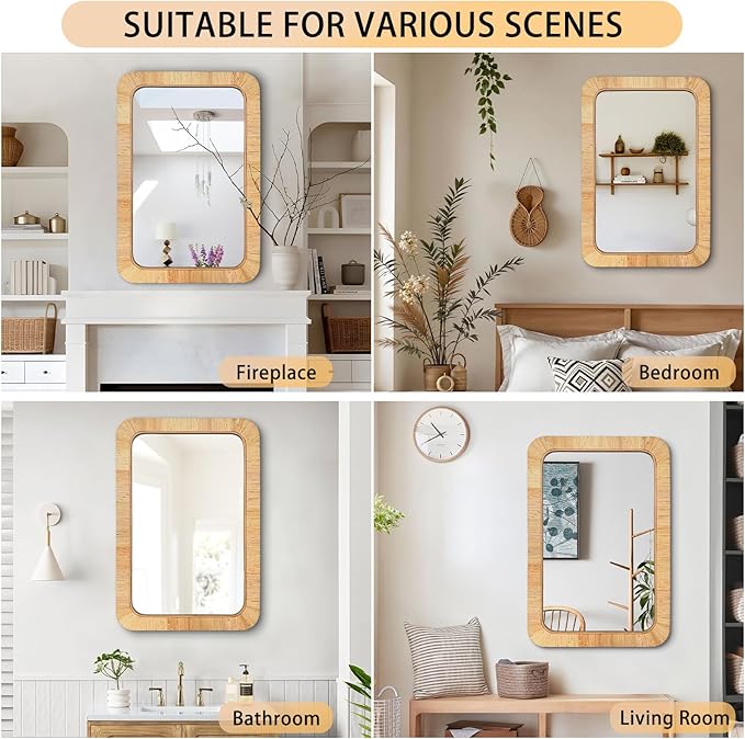 24x36 inch Rattan Rectangular Mirror for Wall, Bohemia Bathroom/Farmhouse Boho Mirrors, Vanity Irragular Decorative Mirror, Suitable for, Nursery, Bedroom, Living Room, Home Decoration-CasaMuseHome