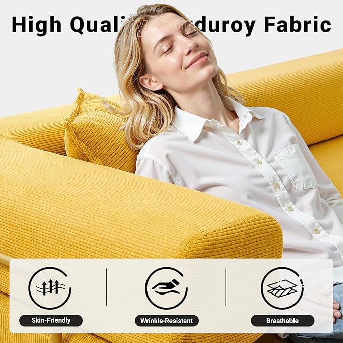 108" Oversized Convertible Sleeper Sofa Bed, Corduroy L Shape Sectional Couch, Folding Sofa Bed with Side Pocket, Modern Cloud Floor Mattress Couch, Modular Sofa for Living Room, Yellow-CasaMuseHome