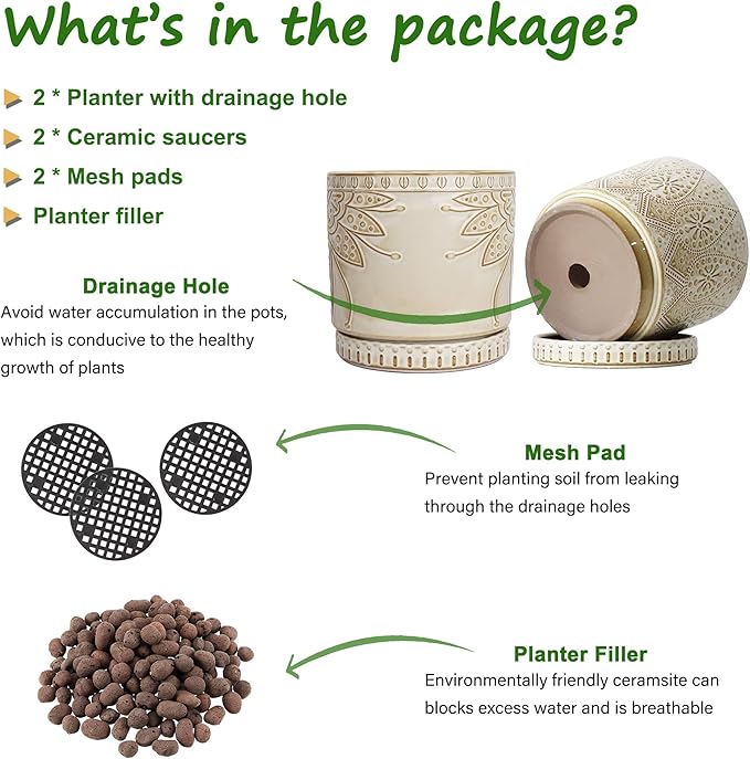 6 Inch Indoor Plant Pots with Drainage Holes and Saucers, Ceramic Planter for Plants, Flower Pot - Set of 2-CasaMuseHome