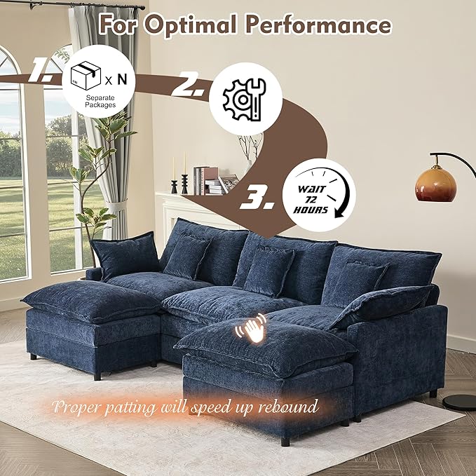 108" U Shaped Couch, Modular Sectional Sofa, 3-Seater Comfy Cloud Couch with Movable Ottoman, Deep Seat Couches for Living Room, Chenille, Navy-CasaMuseHome